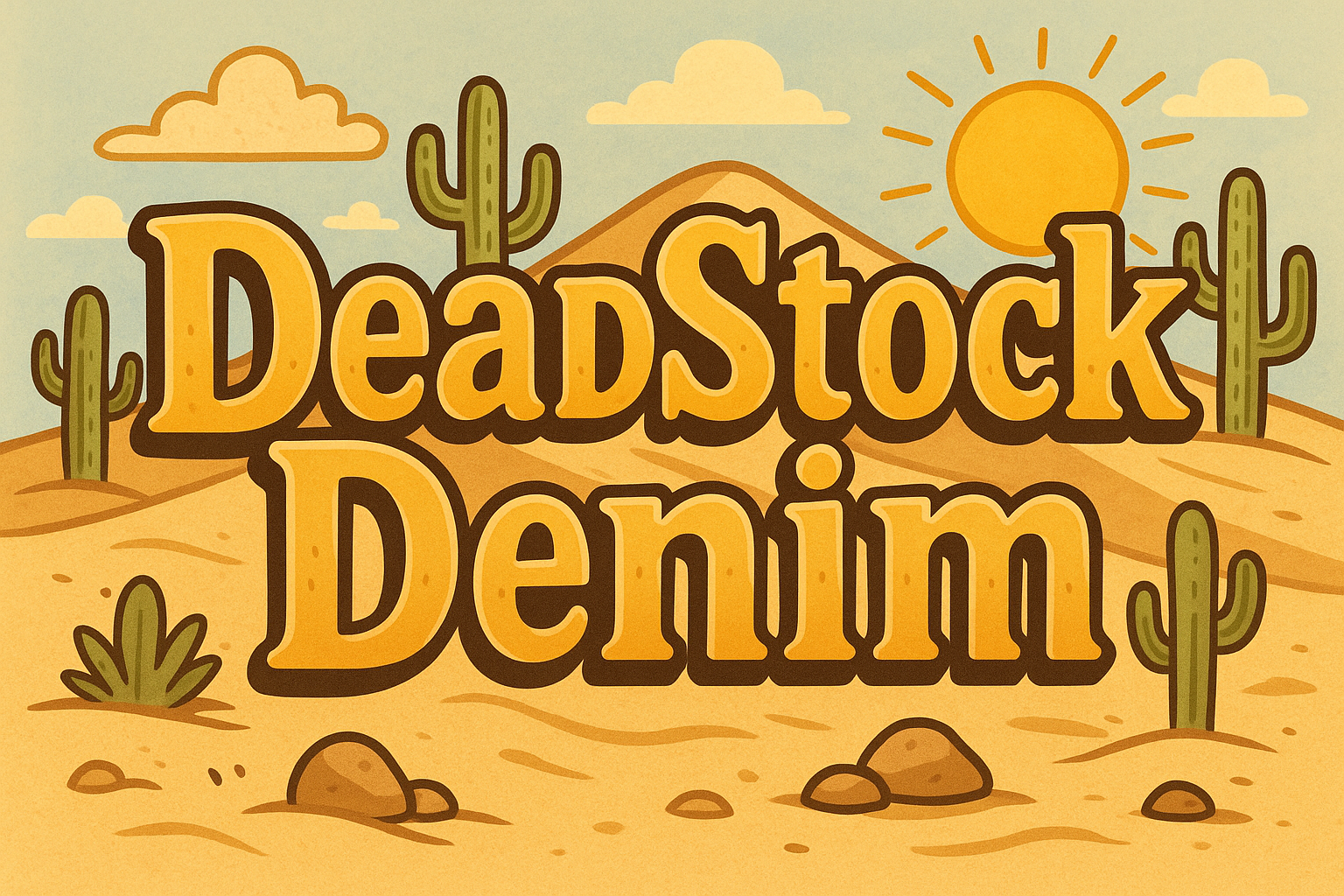 Sandy desert cartoon themed headline of the name deadstockdenim